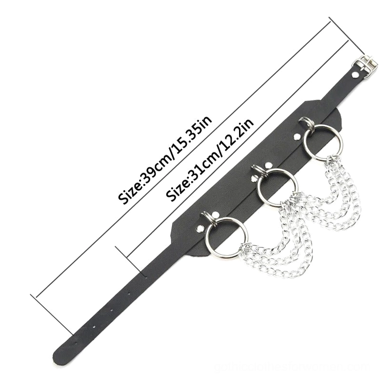 Black gothic choker with sizing measurement reference, showing adjustable fit range 31-39cm