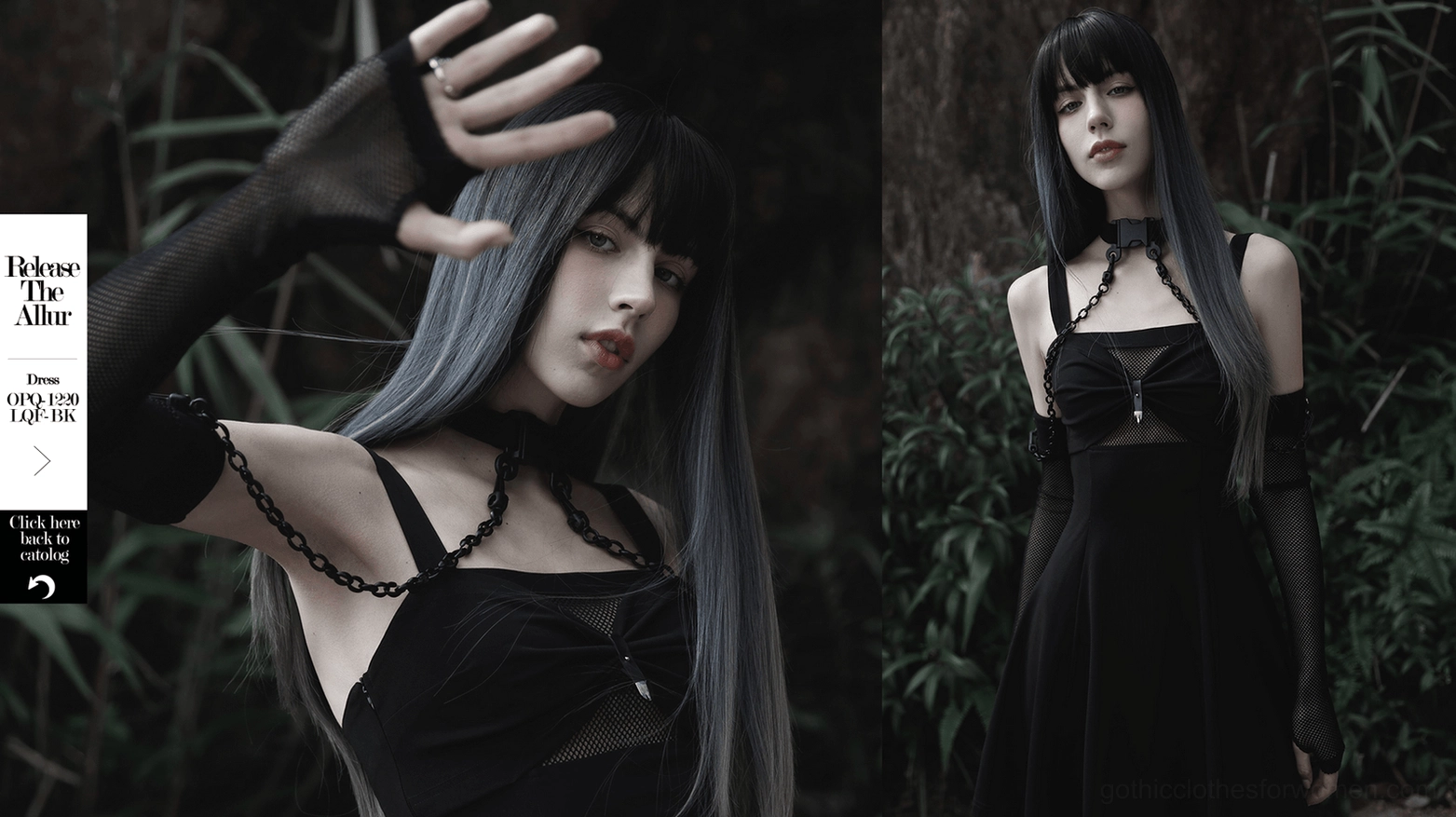 Detailed view of black fishnet gothic arm sleeves and choker assembly showing chain connections, metal rivets, and modular detachable design system