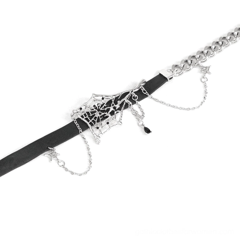 Gothic choker with asymmetrical spider web design - alternative fashion accessory detail
