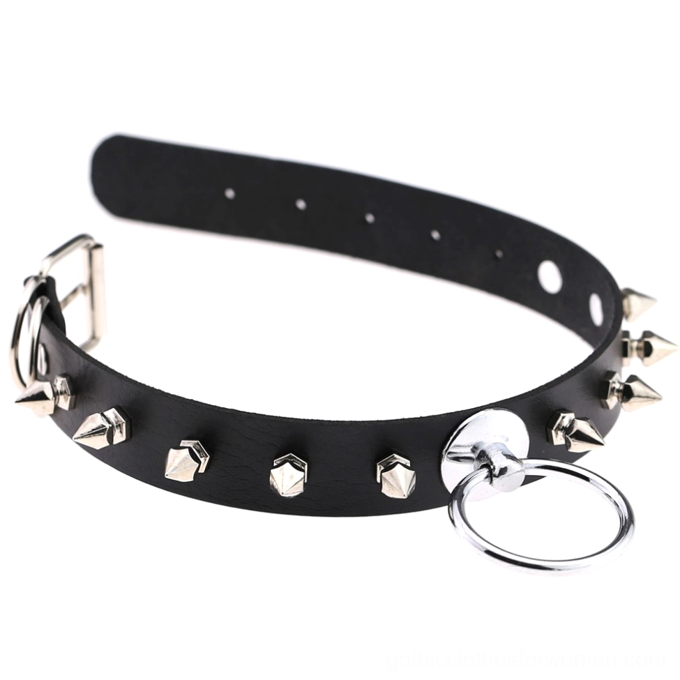 Spiked gothic choker necklace detail shot showing metal spike attachment and O-ring mechanism