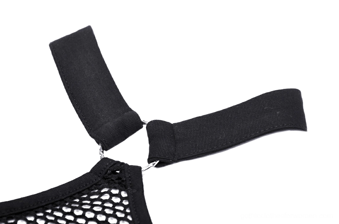 Adjustable metal clasp and strap detail on gothic mesh crop top choker, fishnet fabric with grommets