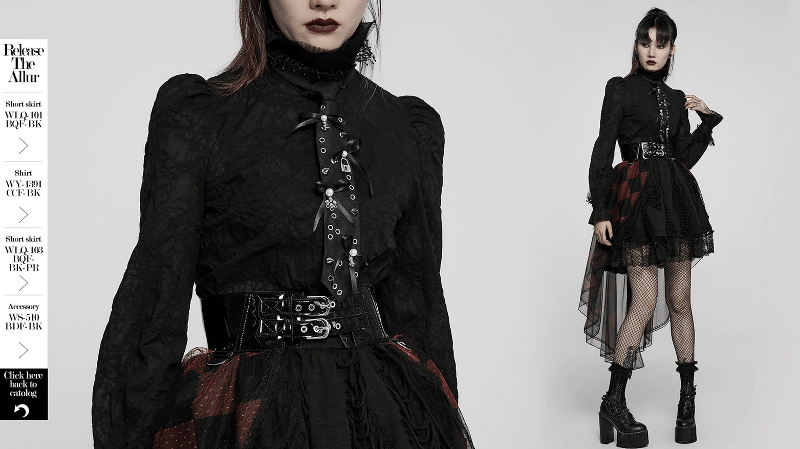 Multi-angle gothic choker tie styling display with model wearing complete black goth ensemble including choker, high-low skirt, and dark accessories