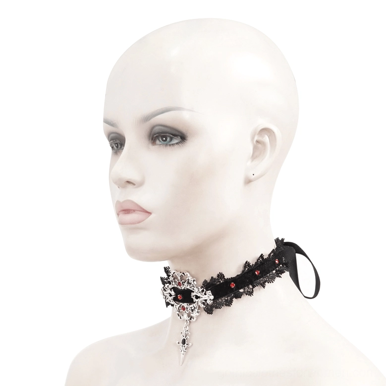 Side profile of gothic choker on mannequin showing tie-back ribbon closure and black velvet fabric construction with attached silver cross charm