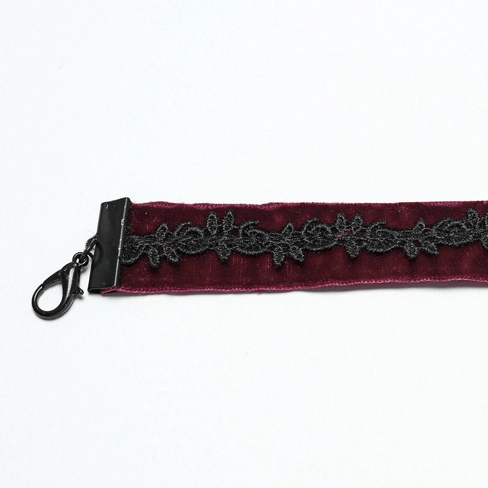 Burgundy velvet choker strap with black floral embroidery and metal clasp detail