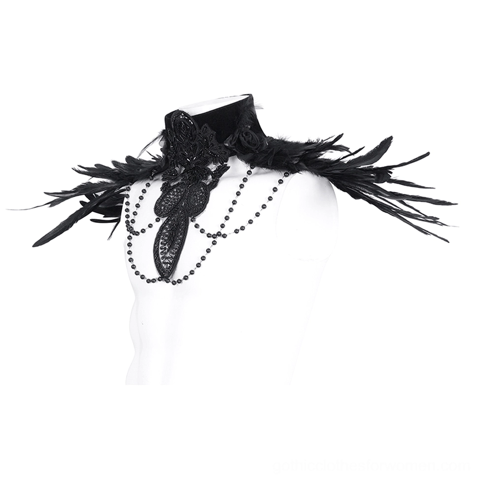 Gothic feather beaded choker on display mannequin front angle, emphasizing black lace appliqué, ornamental feather shoulder pieces, and delicate bead chain decorations