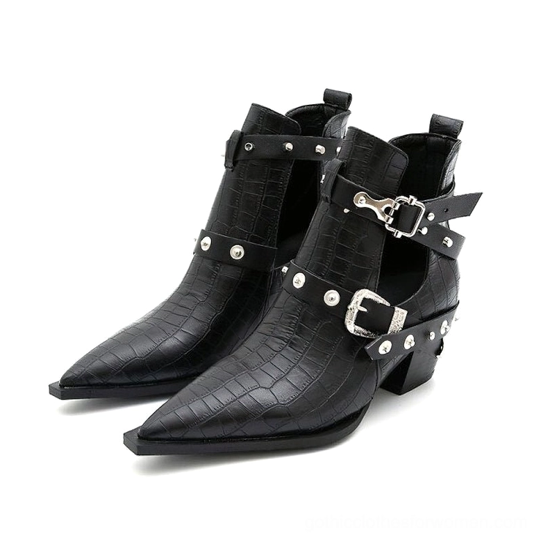 Dark gothic chunky heel ankle boots with decorative buckles and rivets shown in profile display