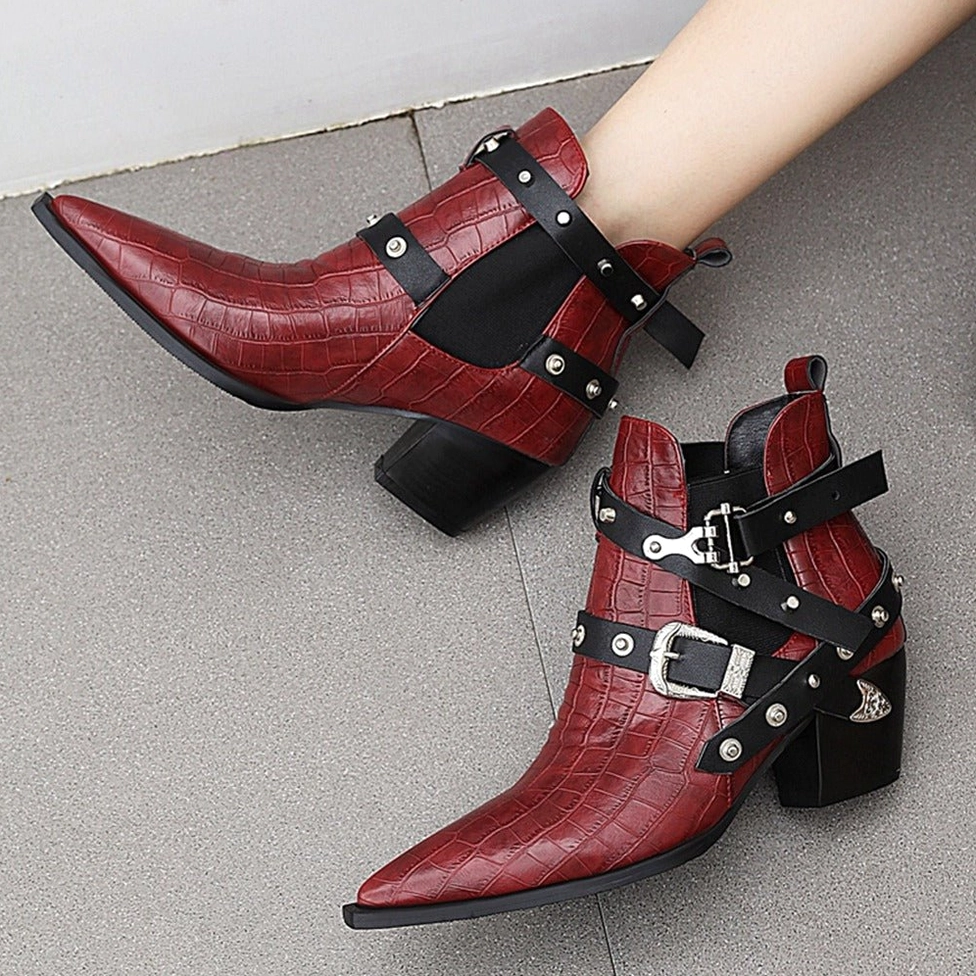 Gothic chunky heel ankle boots with pointed toe metal hardware and buckle strap closure design