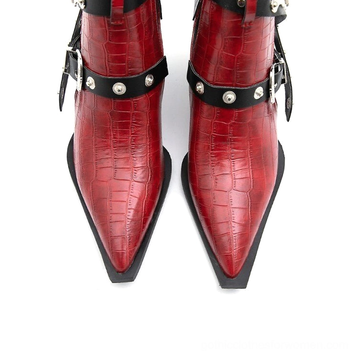 Women's gothic chunky heel ankle boots buckles rivets shown in alternative fashion styling context