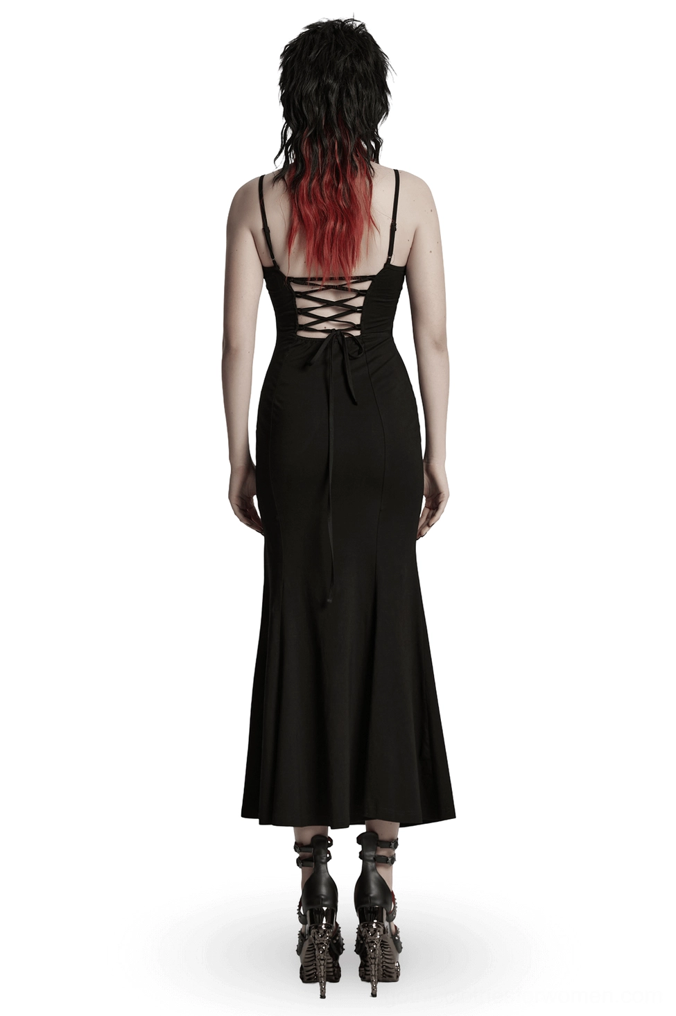 Back view of gothic claw slash dress showing lace-up corset back detail and flowing fishtail hemline