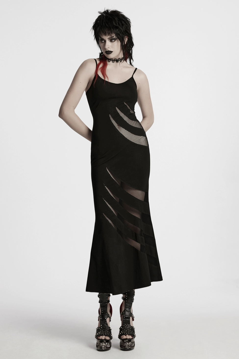 Overhead view of gothic claw slash mesh dress showing overall silhouette and mesh panel placement