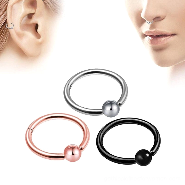 Double layer gothic clicker nose hoop rings in silver, rose gold, and matte black with spherical bead accents on model display
