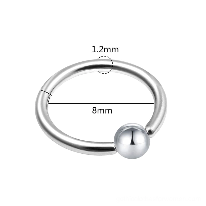 Silver hinged nose clicker ring with dimension specifications, 8mm diameter and 1.2mm bar thickness measurement display