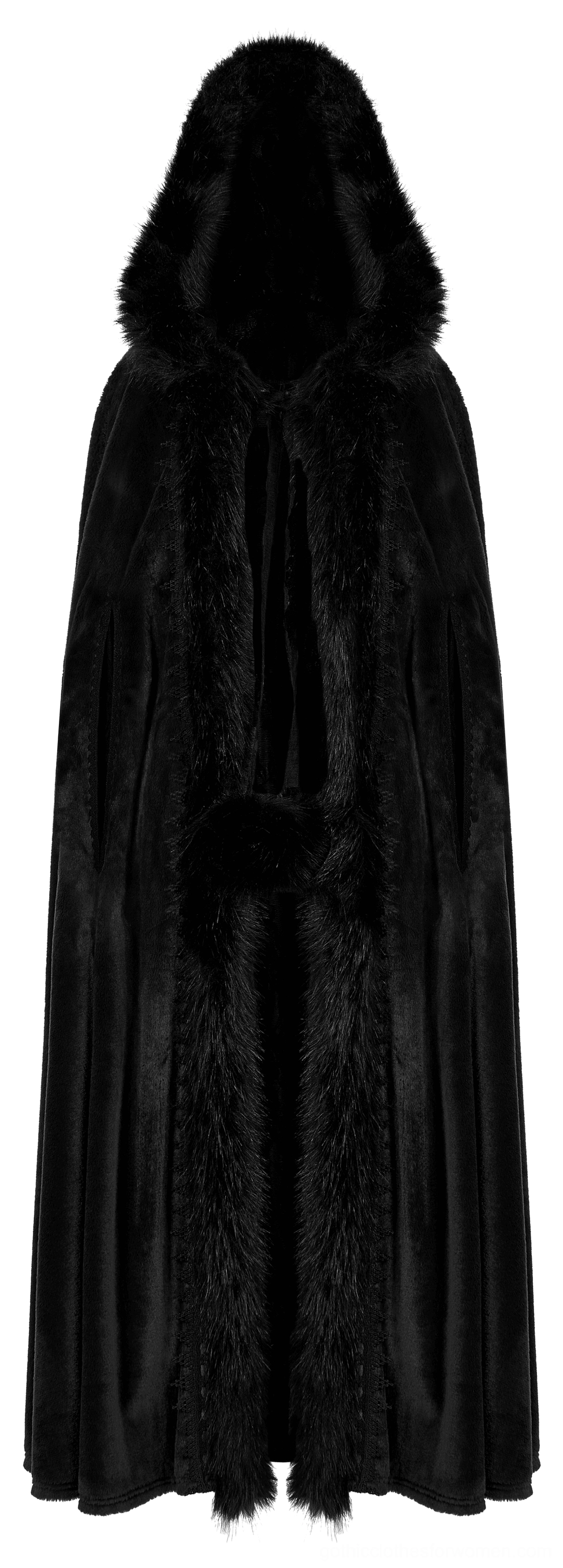 Gothic cloak back flat lay displaying smooth black velvet fabric and hood construction