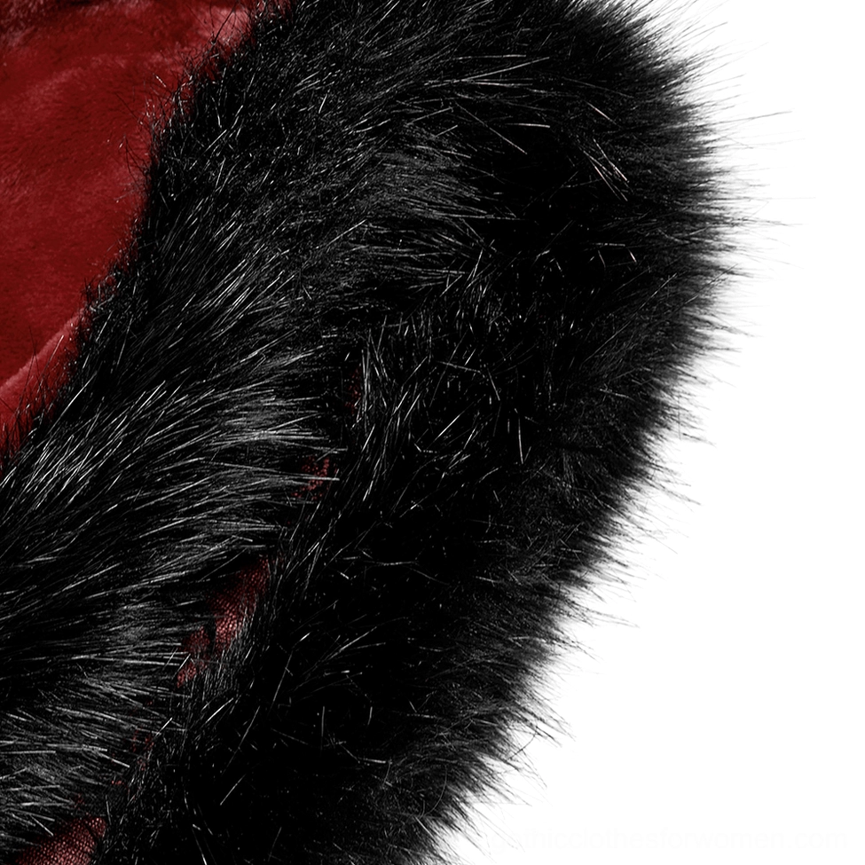 Close-up texture of black faux rabbit fur trim on crimson velvet gothic cloak edge detail