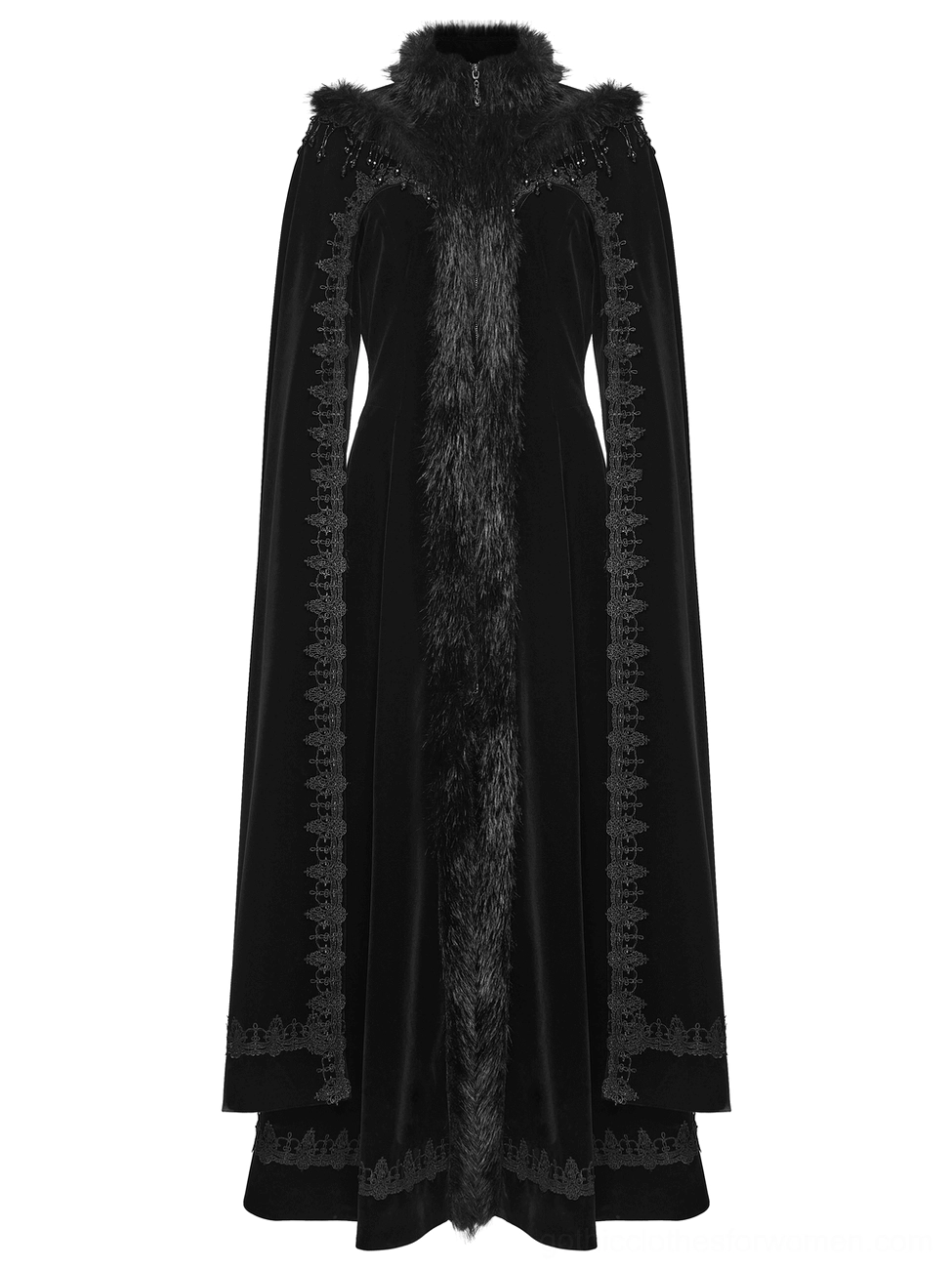 Black gothic cloak coat back flat view with central faux fur strip and embroidered hem details