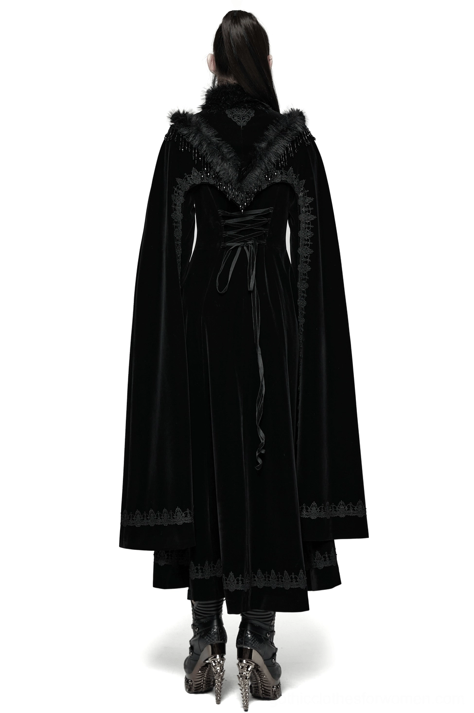 Black gothic cloak coat back view showing lace-up corset design and floor-length hem