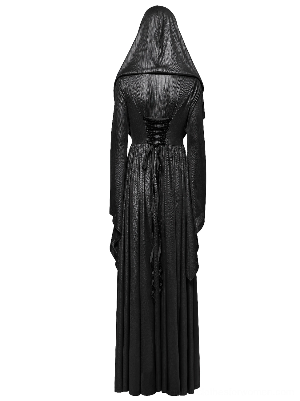 Back view of black gothic cloak coat on display mannequin showing adjustable lace-up corset ties and pleated jacquard fabric details