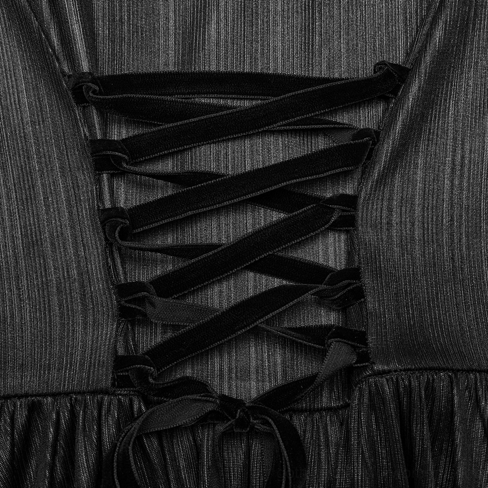 Detailed close-up of back lace-up corset section with velvet straps and adjustable tie closure on gothic cloak coat