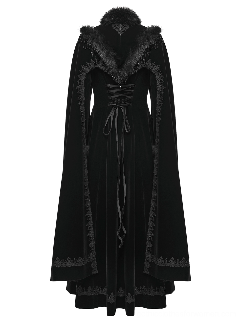 Back three-quarter view of black gothic cloak coat with corset lace-up and embroidered lace edges