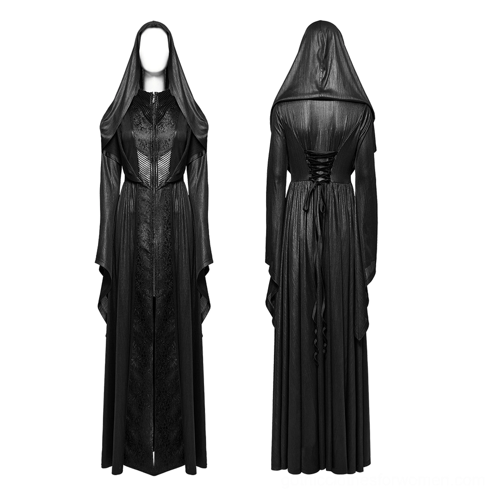 Black gothic hooded cloak coat dual front and back view on display mannequins showing 3D pleated design and floor-length silhouette