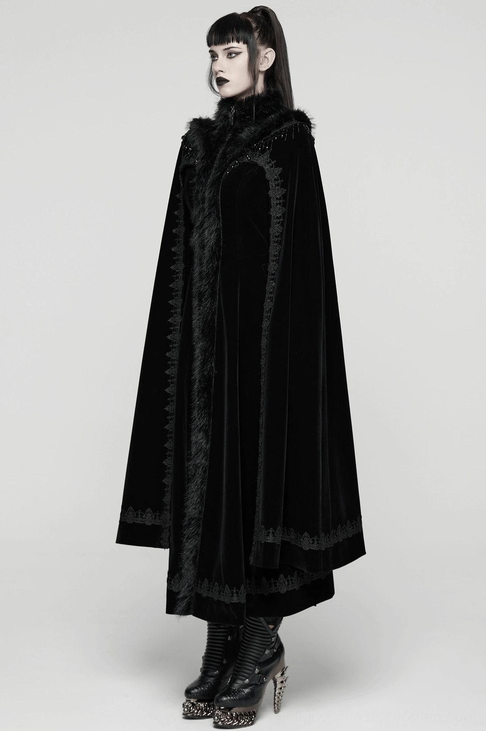 Black gothic cloak coat interior and construction details with quality finishing