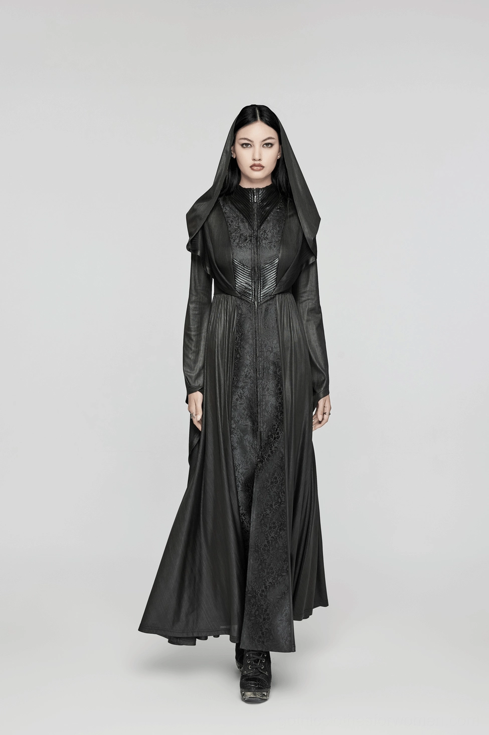 Gothic cloak coat measurement and construction detail showing fabric quality and stitching craftsmanship