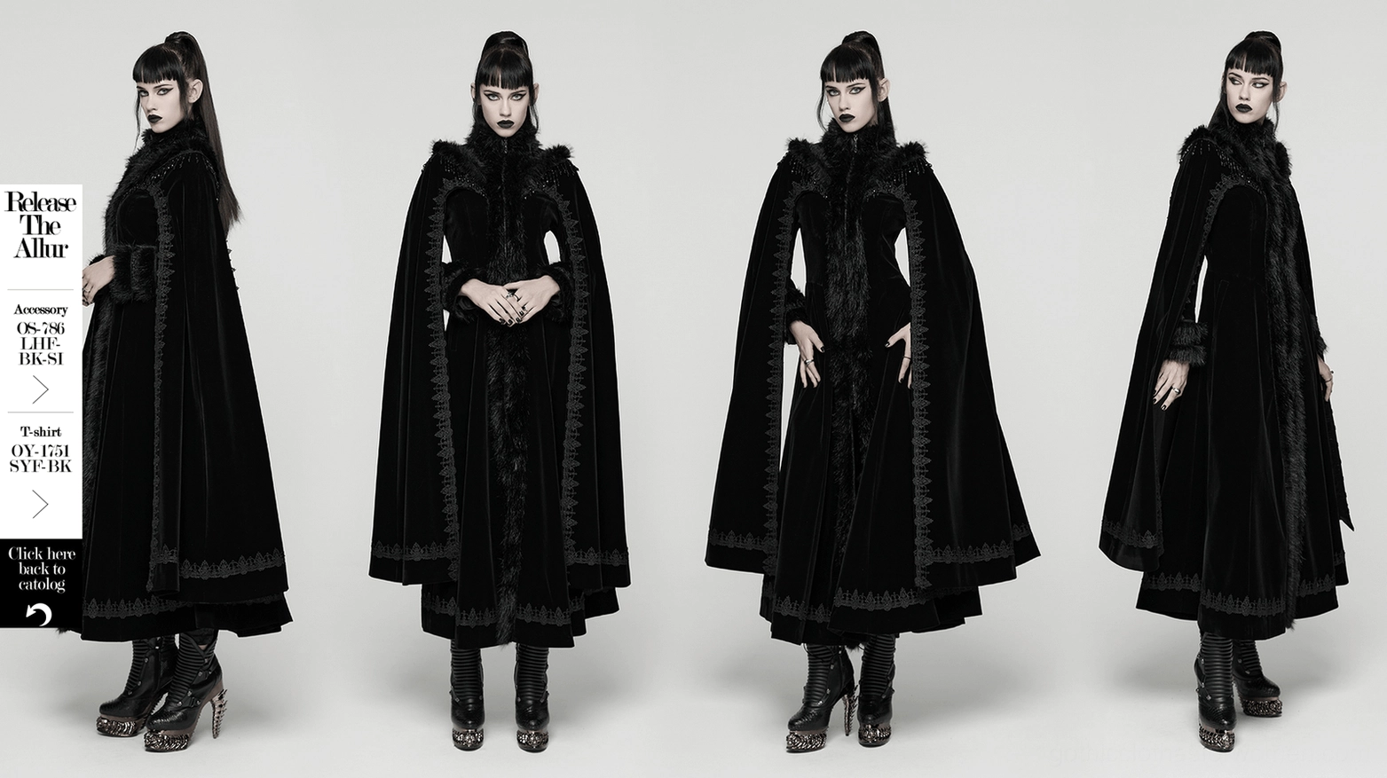 Black gothic cloak coat model wearing showing silhouette and dramatic cape effect