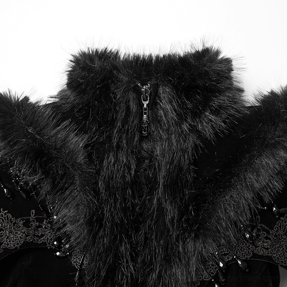 Close-up of black gothic cloak coat neckline with faux fur collar and lace appliqués