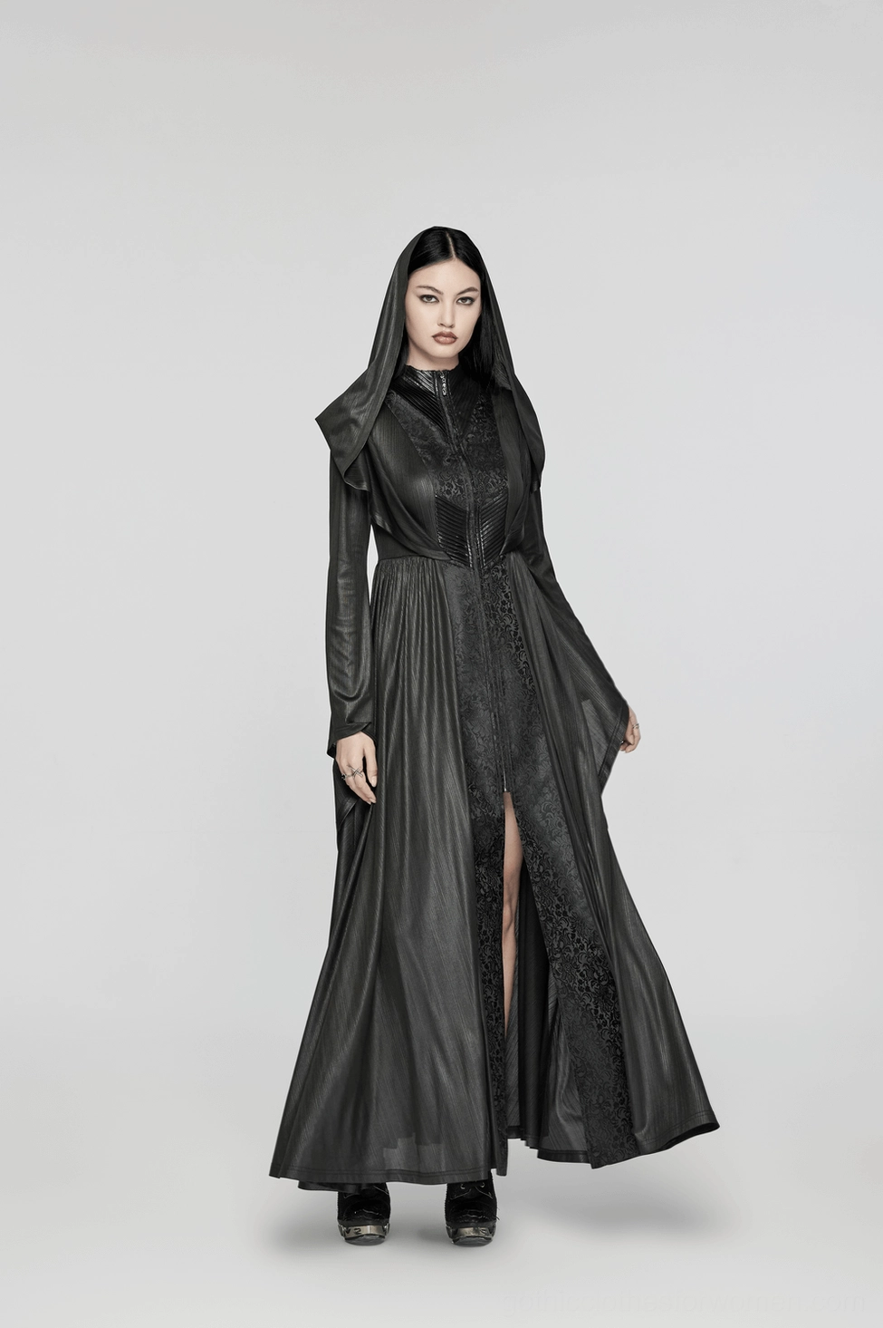Size reference and fit guide for black gothic hooded cloak coat on display mannequin
