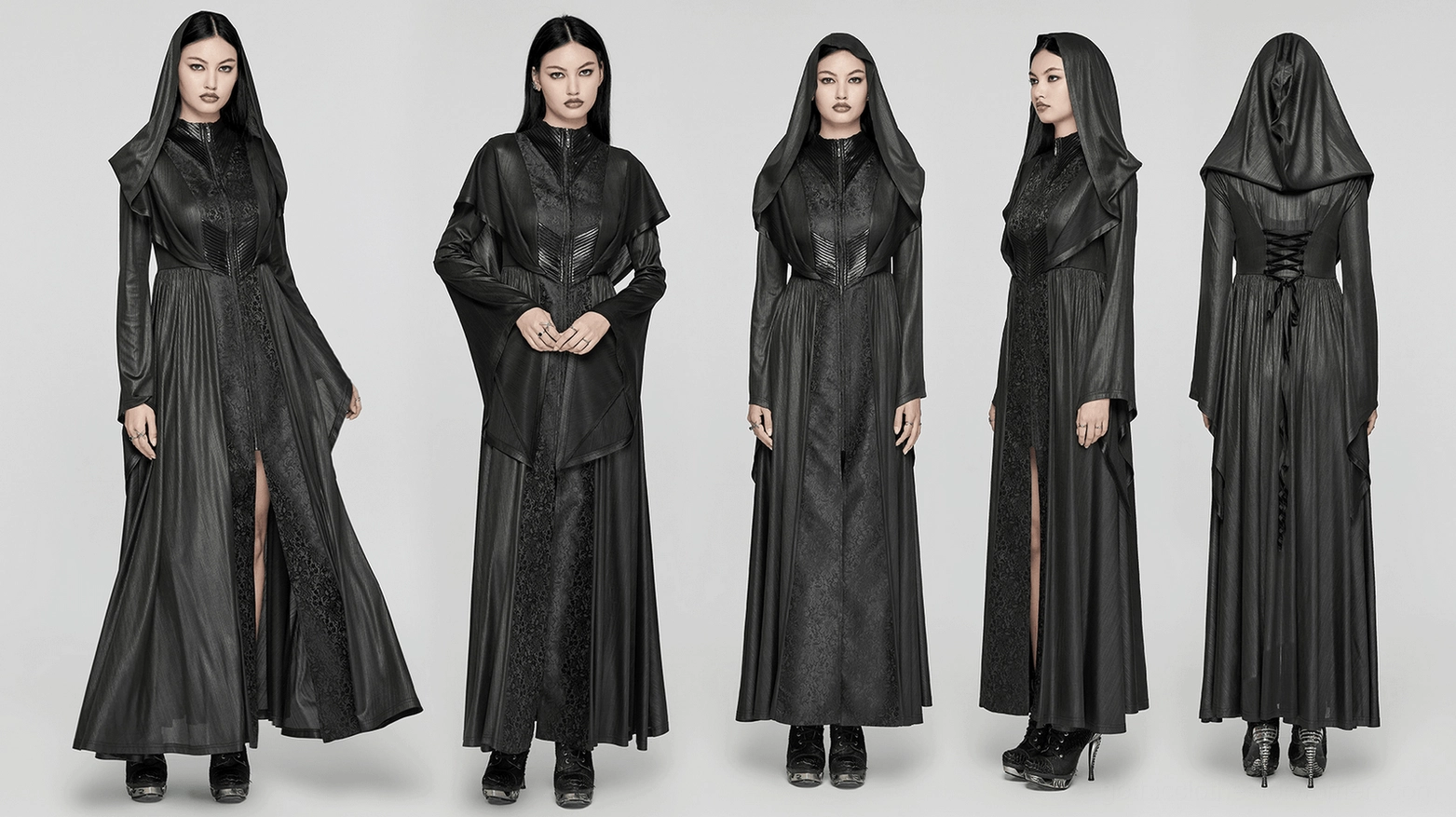 Black gothic hooded cloak coat styling example showing how to wear with alternative fashion accessories and dark aesthetic
