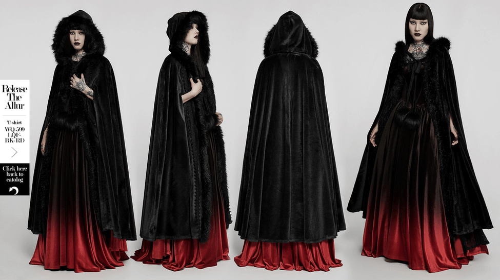 Complete Gothic faux fur velvet long cloak ensemble view with dramatic floor-length design