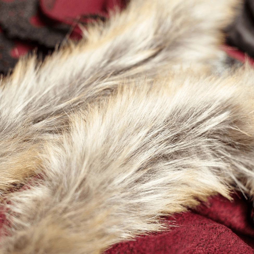 Wine-red gothic winter cloak close-up detail showing faux fur texture, collar construction, and fabric quality