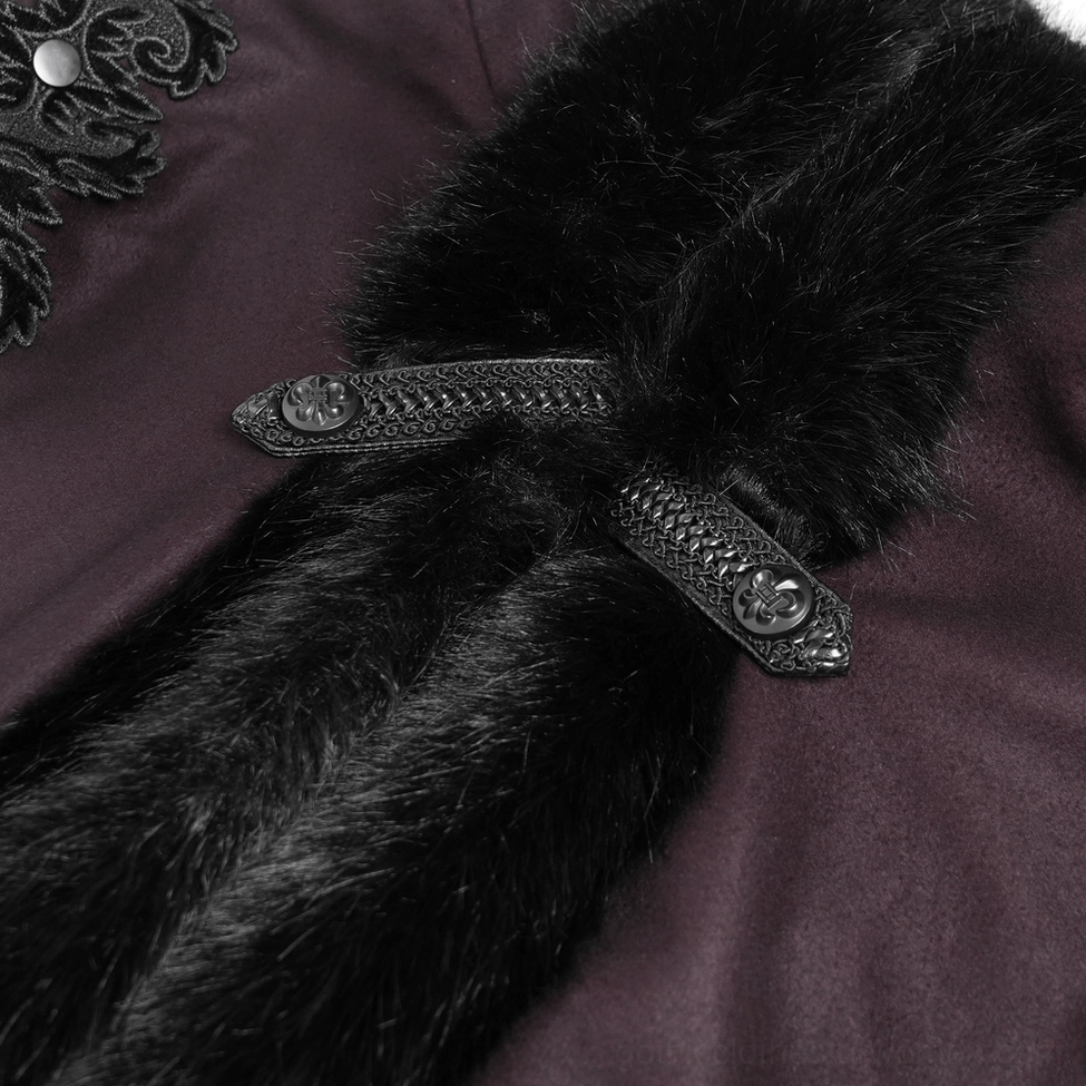 Close-up detail of gothic cloak faux fur trim, embossed leather clasp, and dark burgundy fabric base