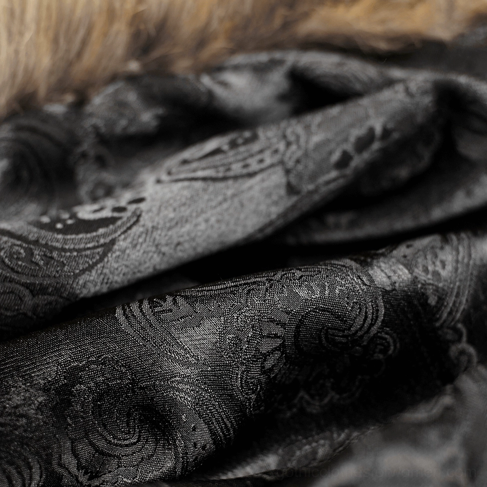 Gothic hooded cloak fabric and faux fur trim close-up showcasing material quality and craftsmanship