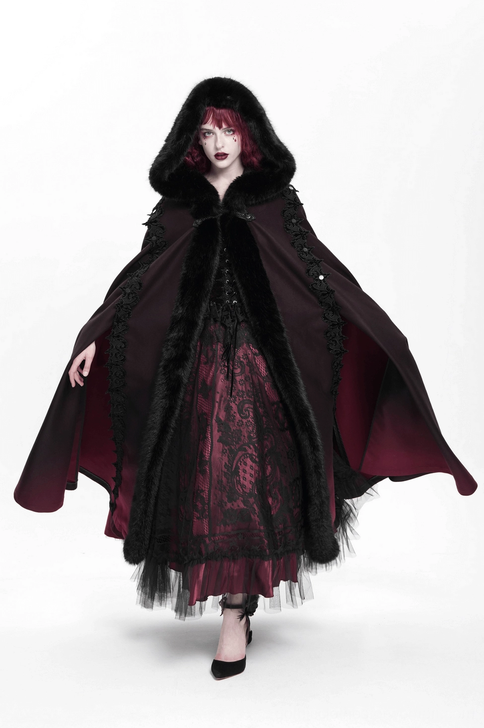 Gothic hooded cloak detail view of front closure system and embossed leather hardware