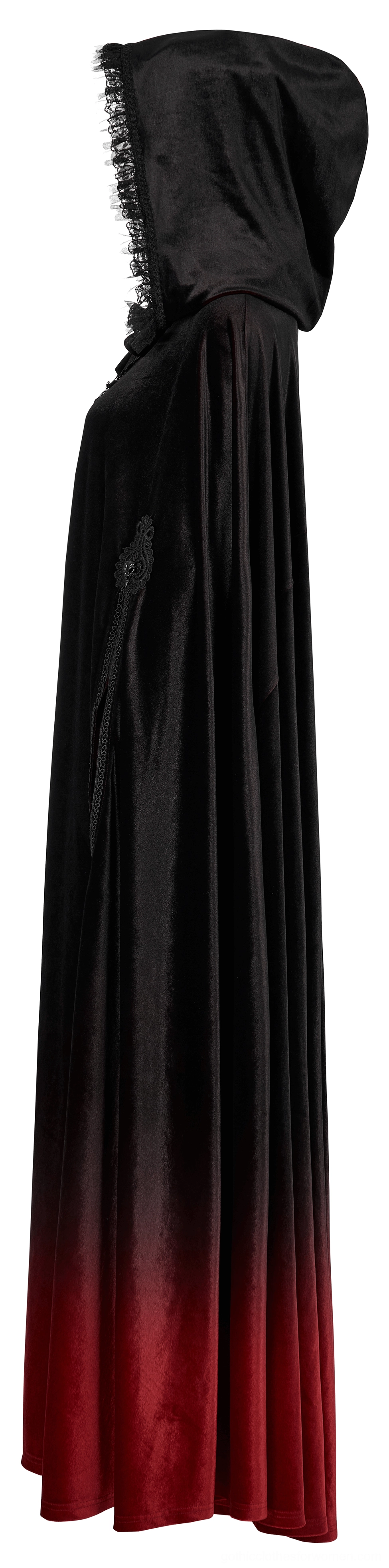 Front view of black red gradient velvet gothic cloak with visible crimson red inner lining and ombre pattern