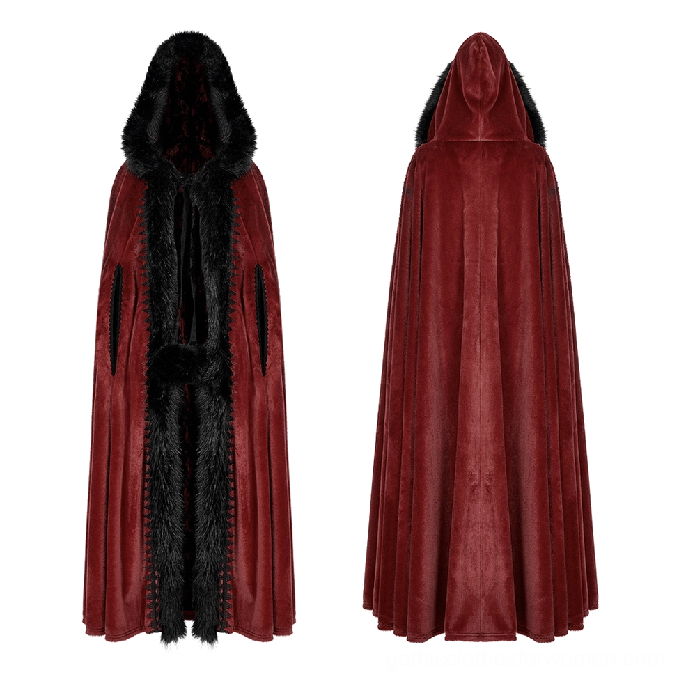 Red velvet gothic cloak front detail, black faux fur border, side pockets with lace trim and pom-pom decoration
