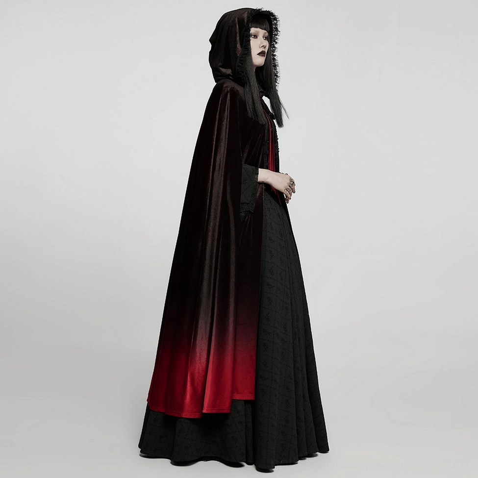 Frontal view of gothic velvet hooded cloak displaying gradient design, structured hood, and theatrical silhouette