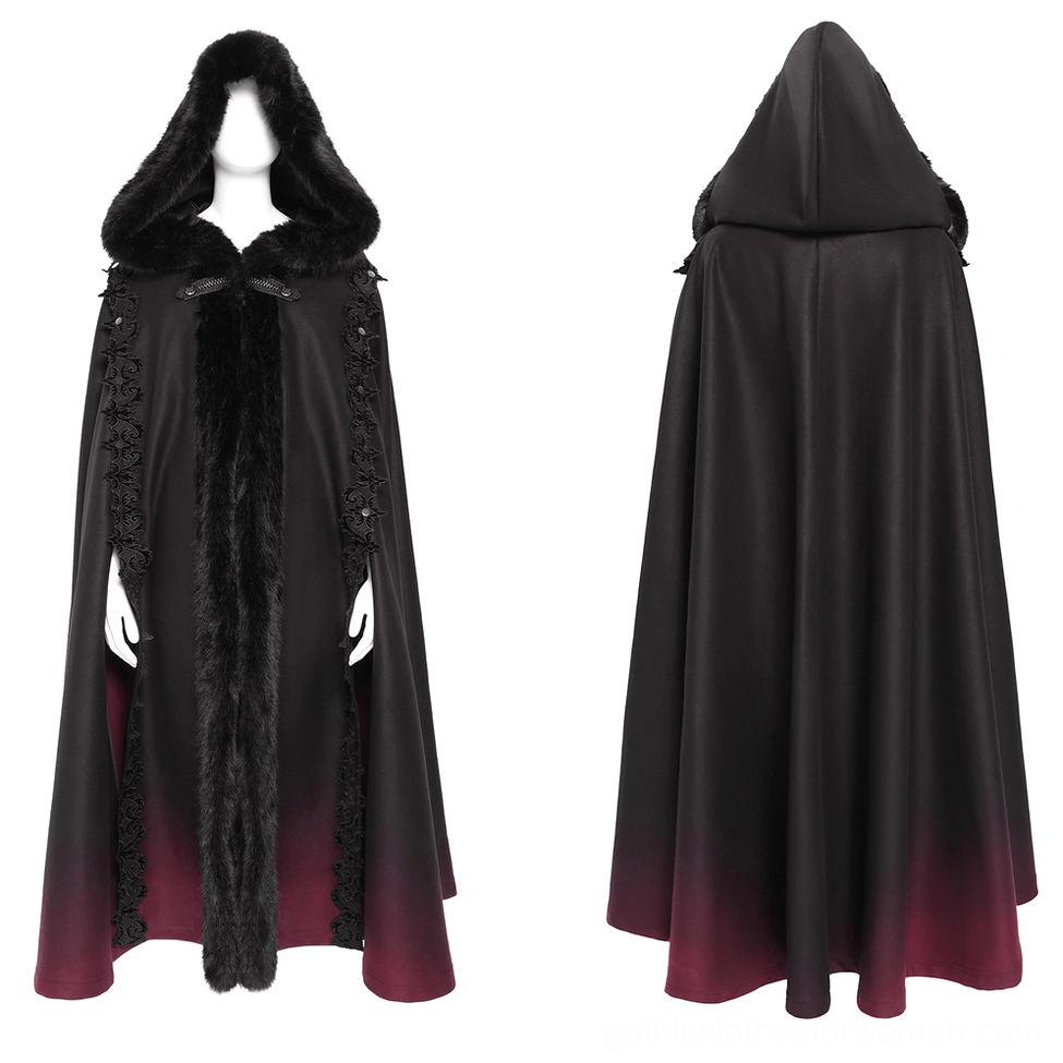 Gothic hooded cloak front view on mannequin showing faux fur trim, decorative lace details, and front clasp closure