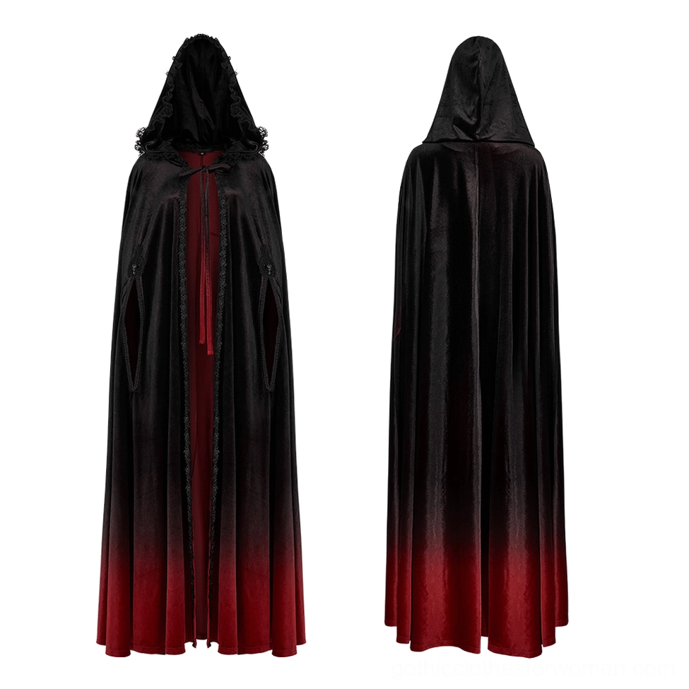 Front view of gothic velvet cloak showing lace-trimmed hood, red inner lining, and open front design with gradient fabric