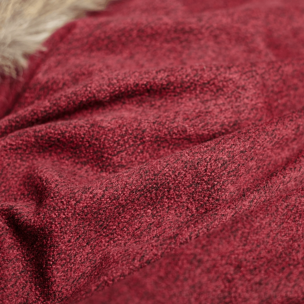 Gothic cloak worn full-length showcasing the dramatic floor-sweeping silhouette and wine-red color richness