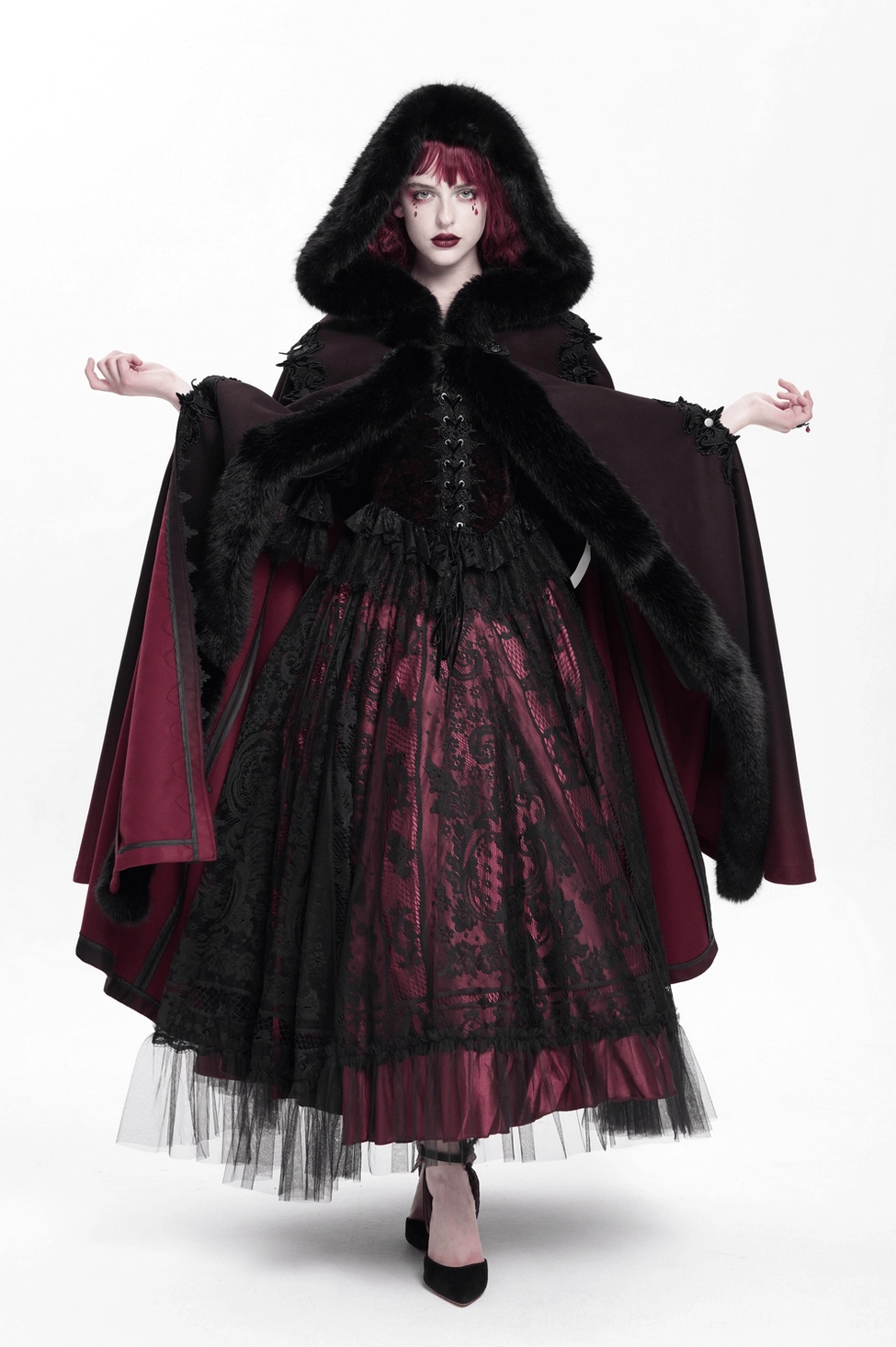 Gothic hooded cloak full-length view emphasizing voluminous design and wine red ombre hem gradient