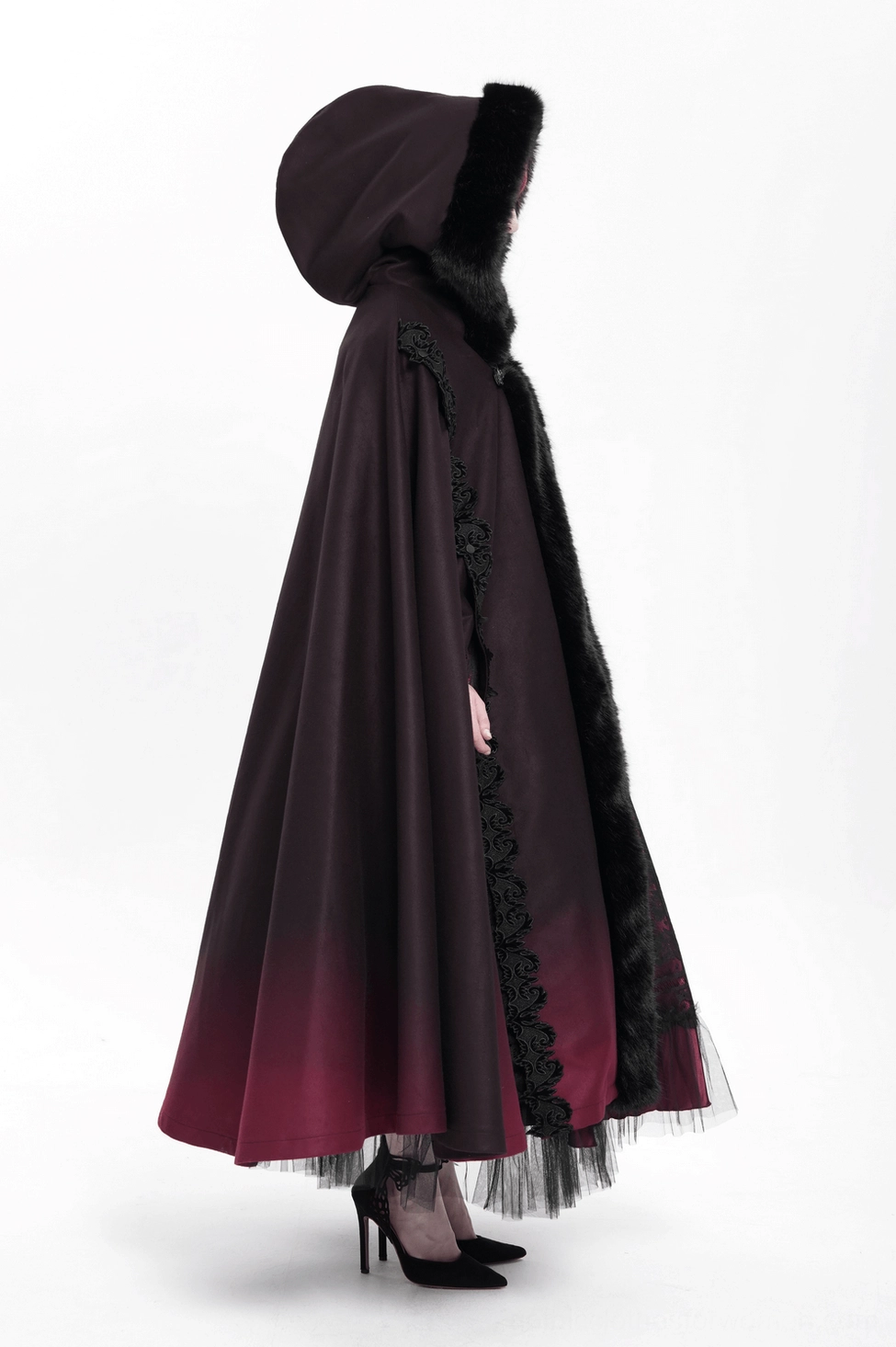 Gothic hooded cloak alternative angle view showcasing hood design and lace embellishments