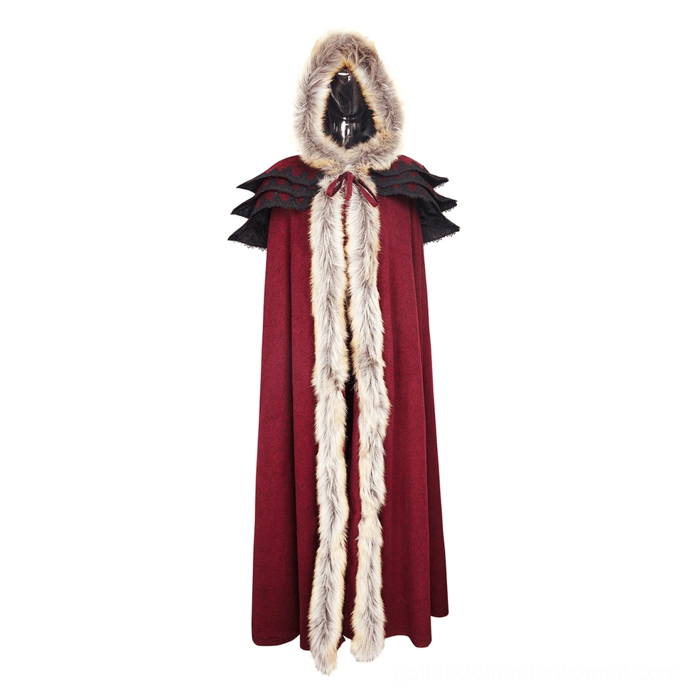 Gothic hooded cloak front view on mannequin showing faux fur trim, tie closure, and dramatic wine-red coloring