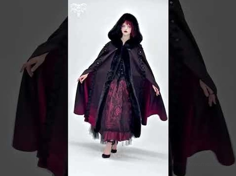 Gothic hooded cloak multi-angle showcase featuring model and close-up details of flowing cape with ombre hem