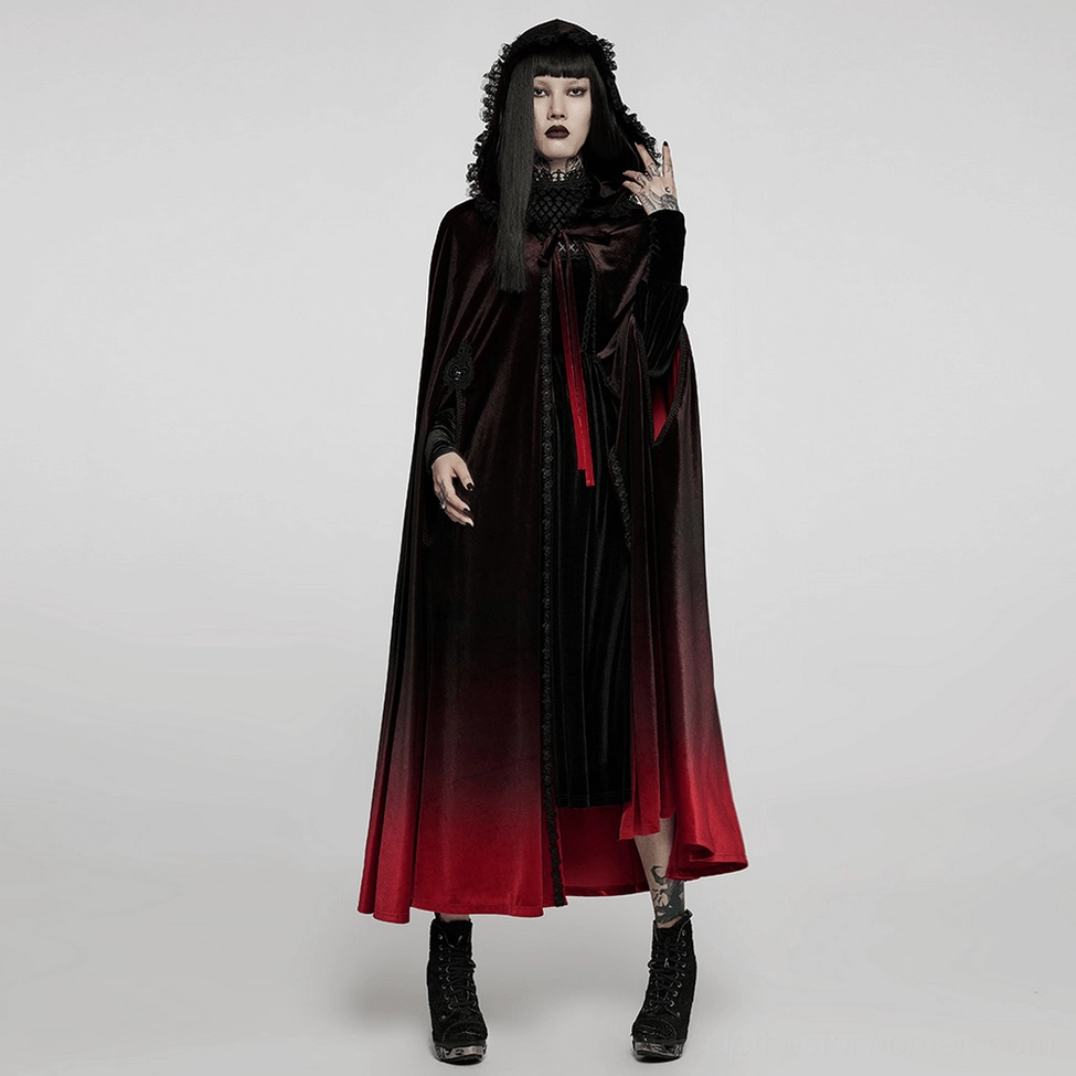 Back view of black red ombre gradient velvet gothic cloak showcasing elegant silhouette and flowing fabric
