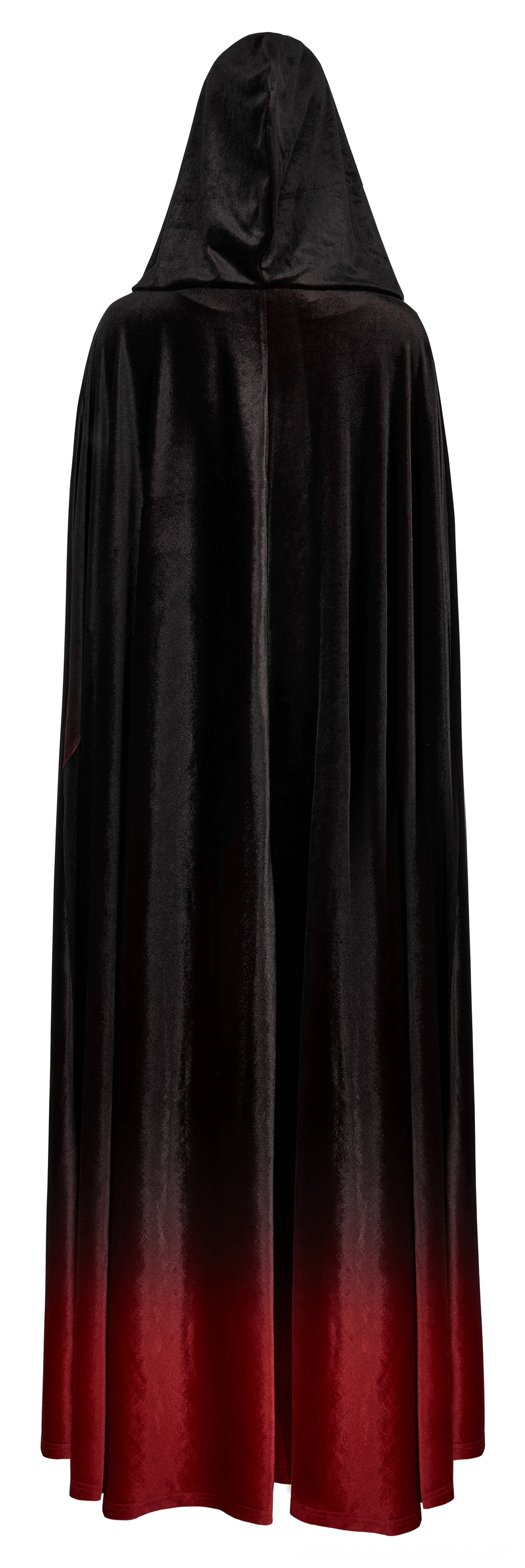 Side view of gothic velvet hooded cloak showing draped long silhouette, dramatic flow, and gradient ombre effect