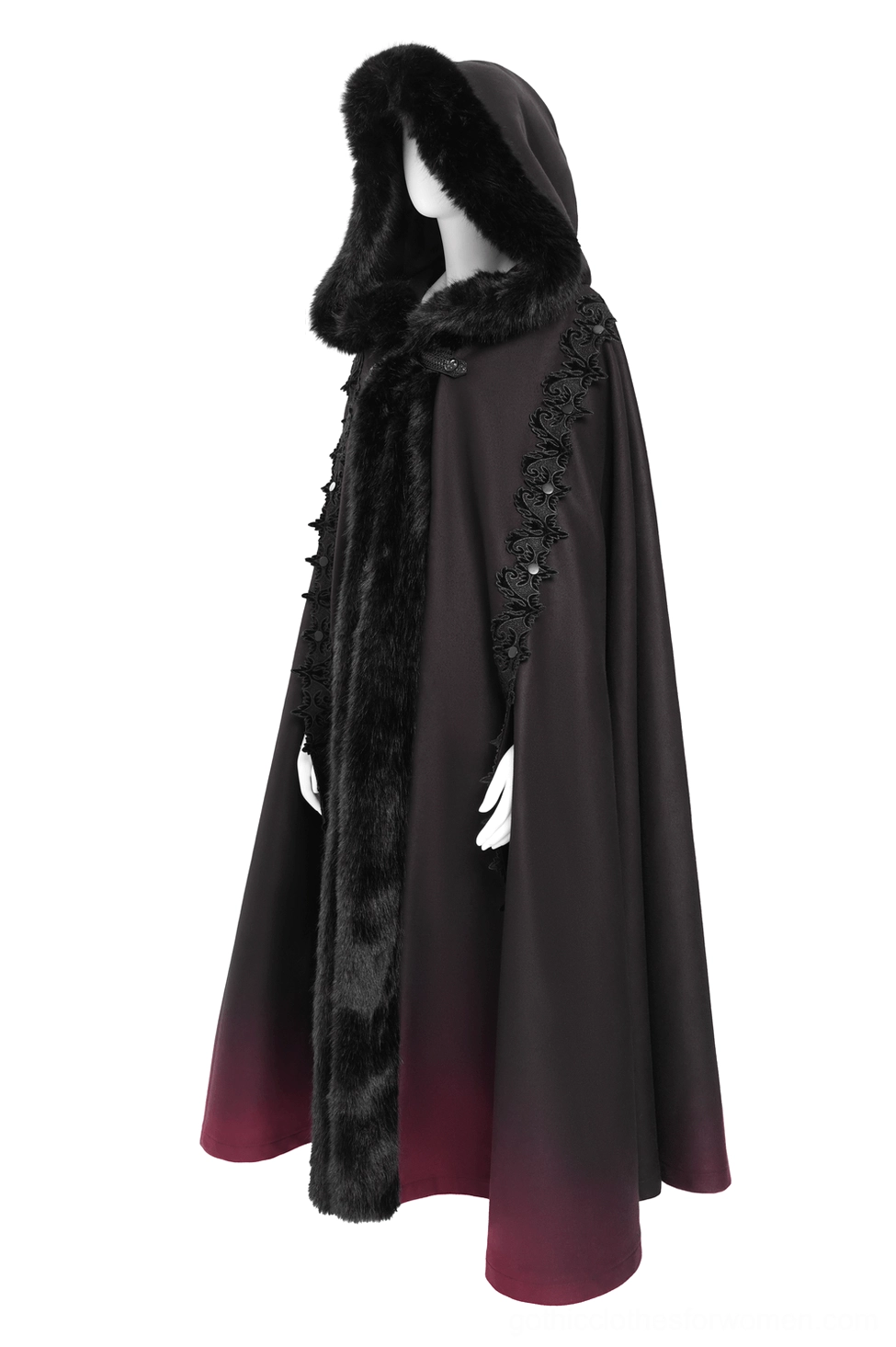Gothic hooded cloak side view on mannequin showing side fur placket detail and flowing gradient burgundy hem