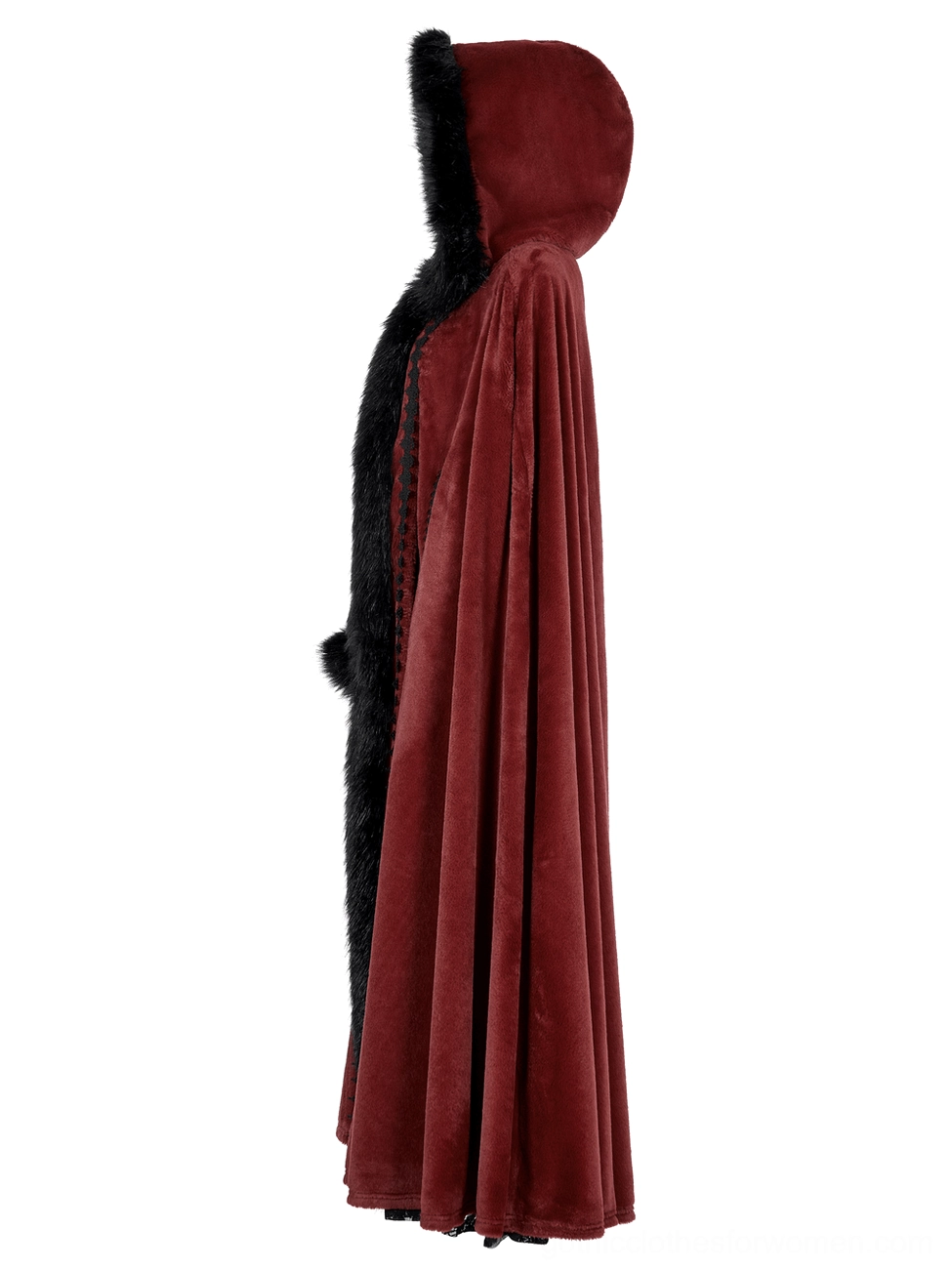 Side view of long burgundy velvet gothic cloak showing black faux fur trim along edges and graceful silhouette