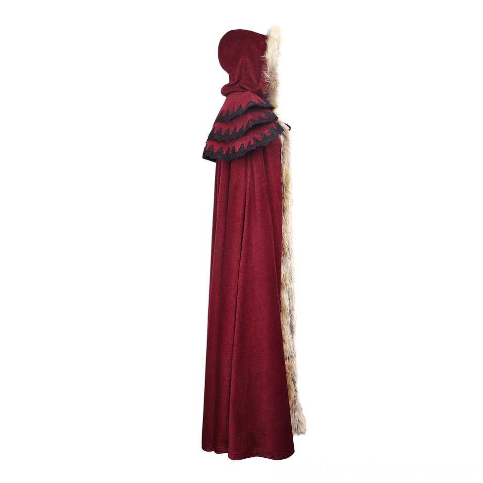 Gothic wine-red cloak side profile view showing layered black capelet, faux fur trim, and flowing fabric drape
